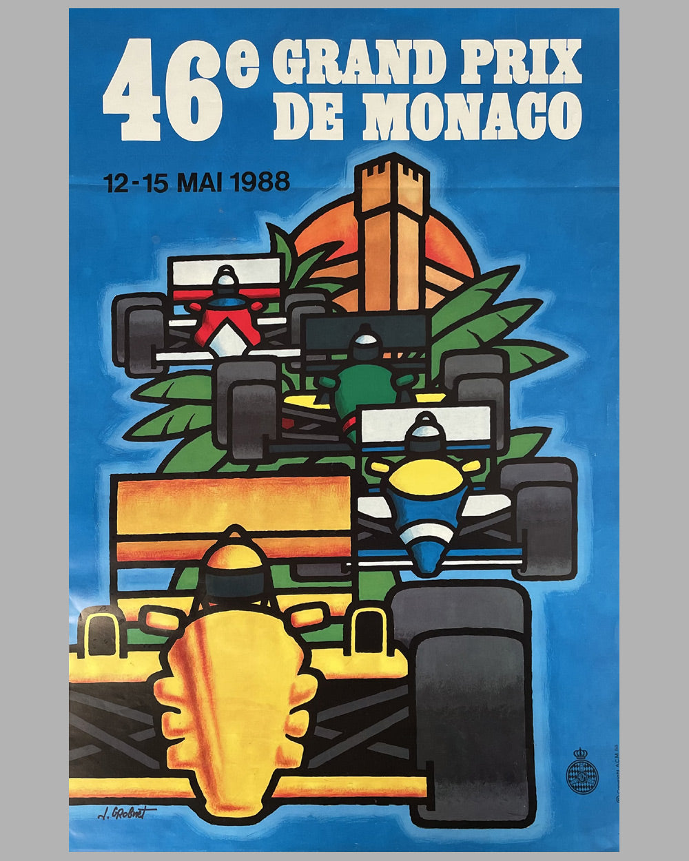 46th Grand Prix de Monaco 1988 original race poster, artwork by J. Grobnet