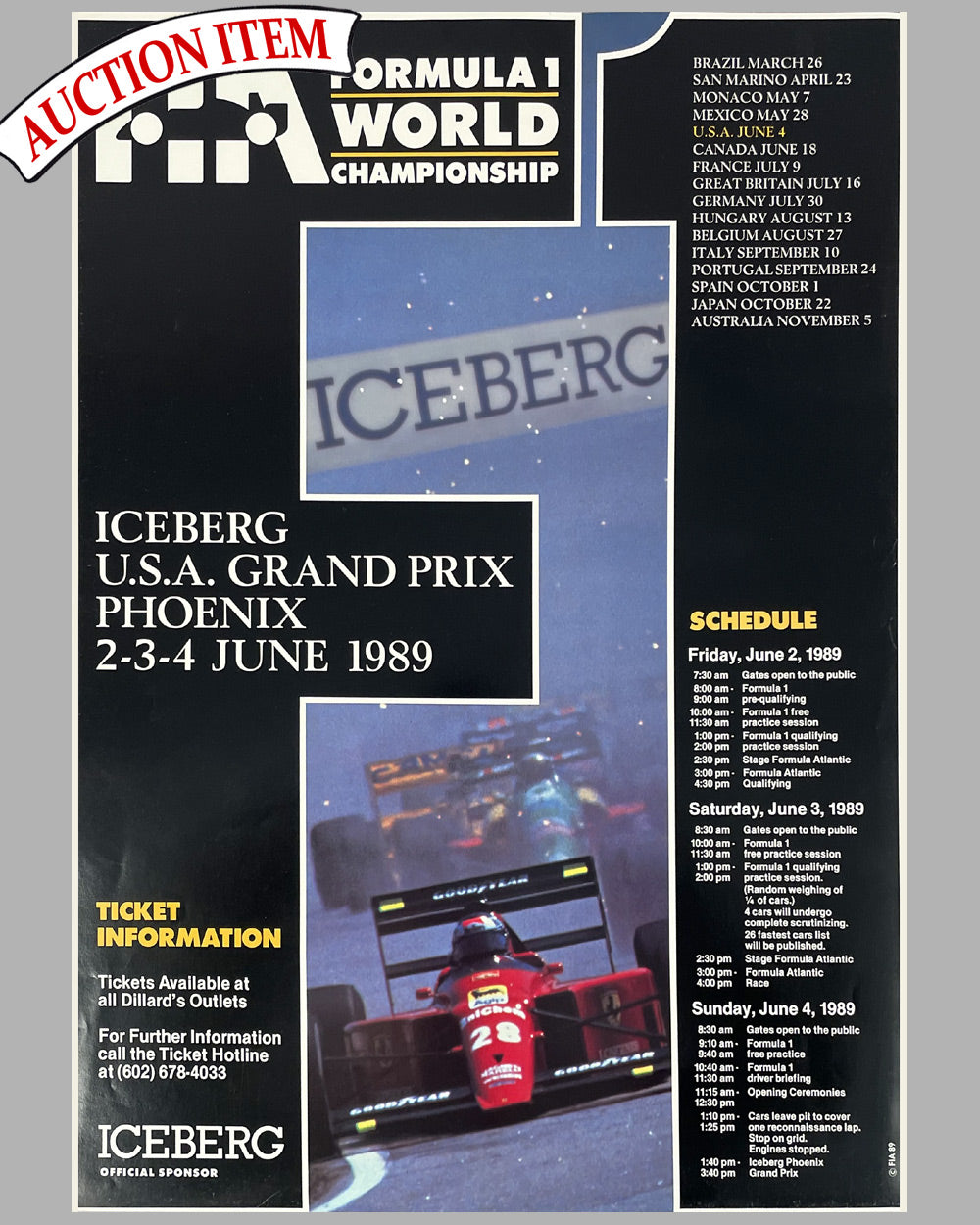1989 Grand Prix of Phoenix for Formula 1 poster