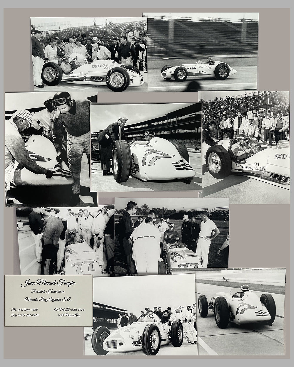 Collection of 9 b&amp;w photographs of Juan Manuel Fangio at the 1958 Indianapolis trials