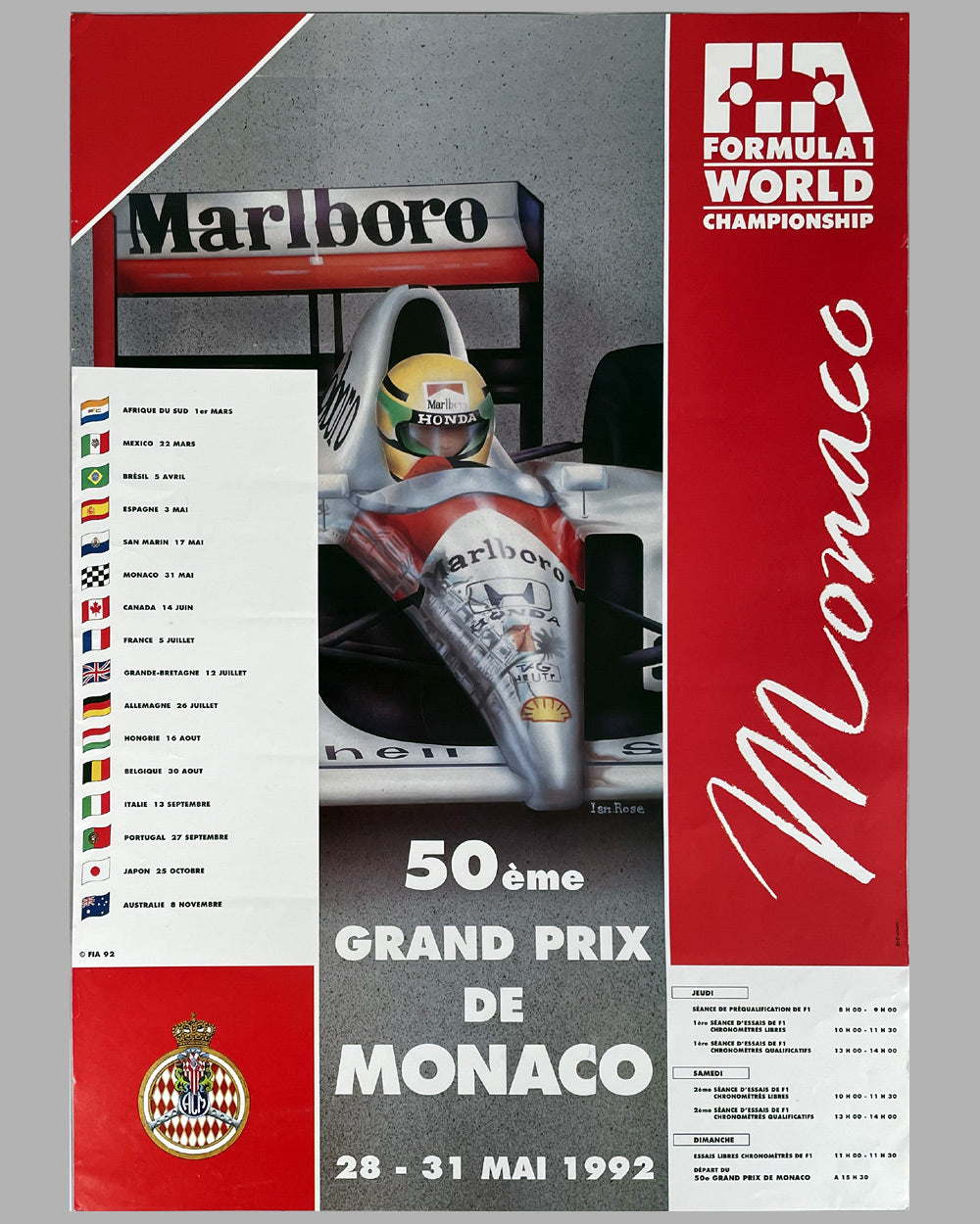 50th Grand Prix de Monaco original race poster, 1992