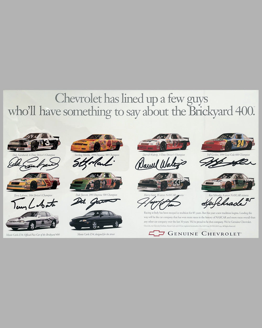 Brickyard 400 Inaugural Race ad copy, August 6, 1994, autographed by Jeff Gordon and 7 other drivers 2
