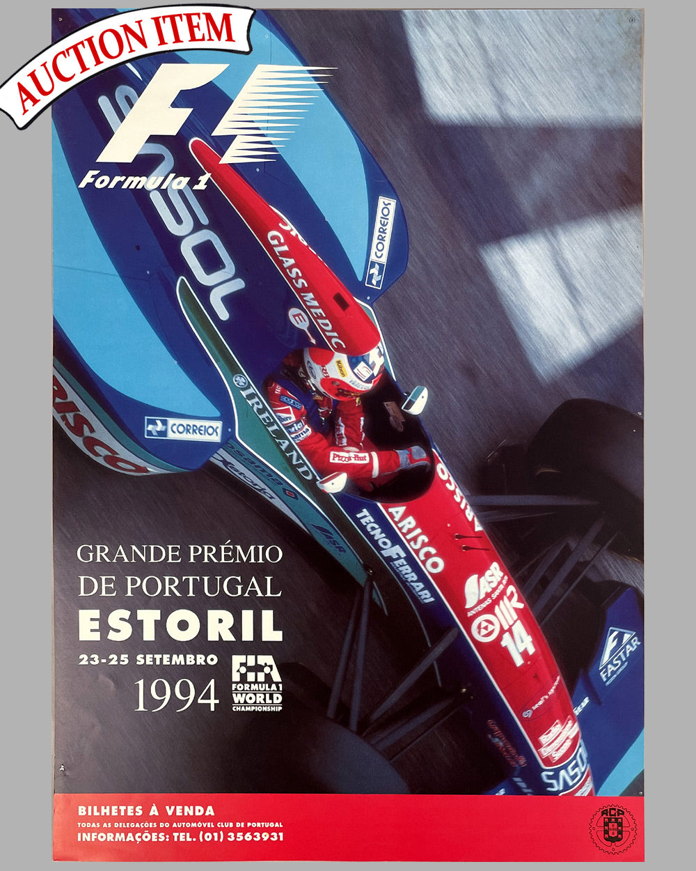 Formula 1 poster for the Grande Prémio de Portugal Estoril 1994 with a driver in a red and blue car.