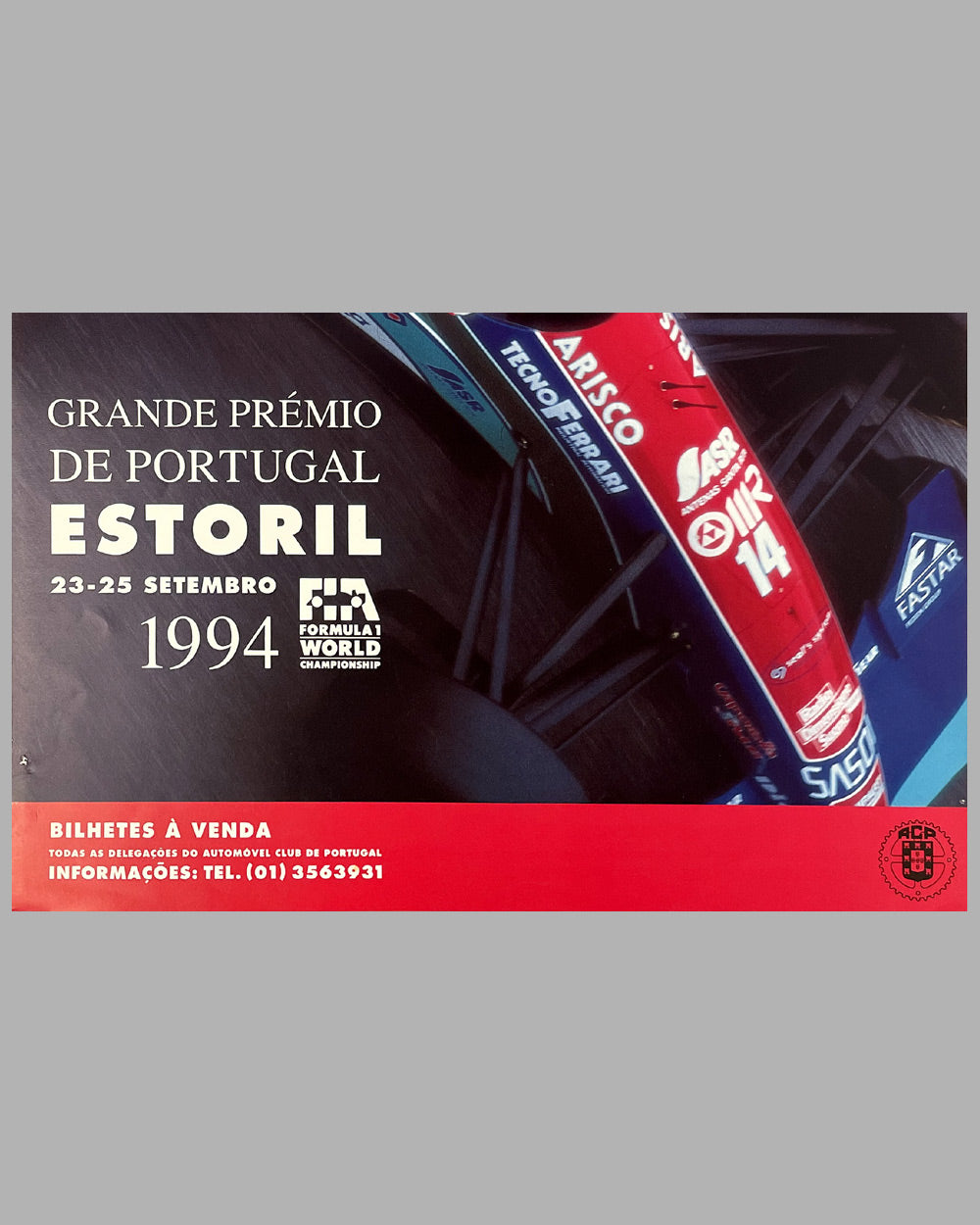 Promotional poster for the Grande Prémio de Portugal Estoril 1994 featuring Formula 1 car details.