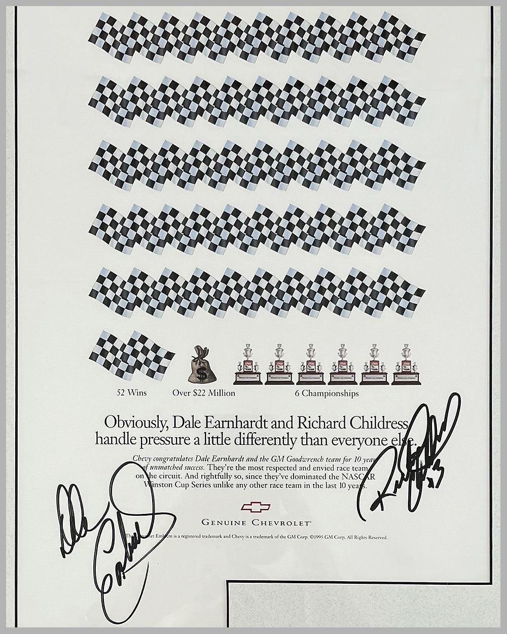 1995 Chevrolet ad copy autographed by Dale Earnhardt and Richard Childress 2