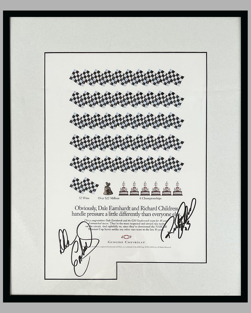 1995 Chevrolet ad copy autographed by Dale Earnhardt and Richard Childress
