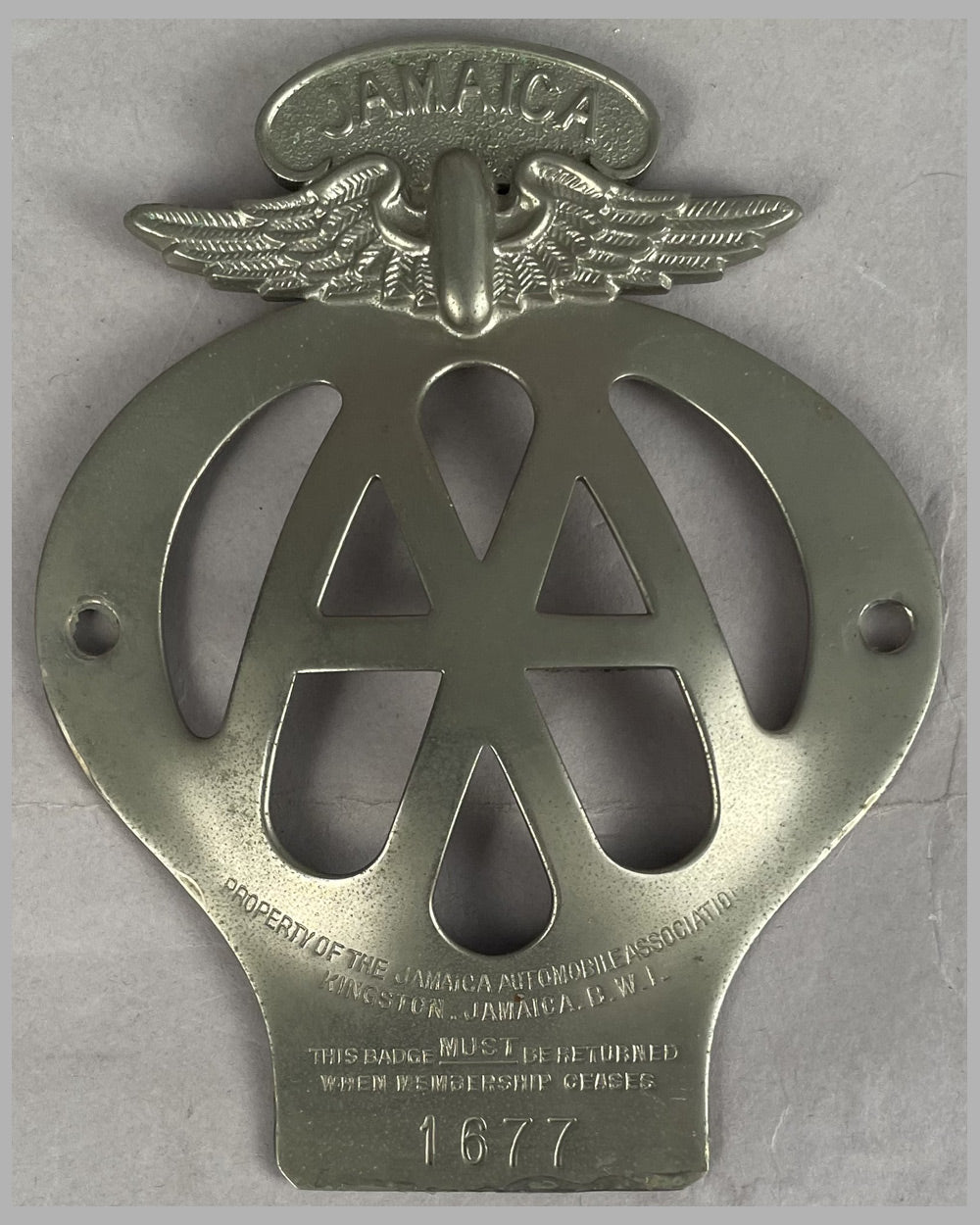 Jamaica Automobile Association members badge, 1930’s