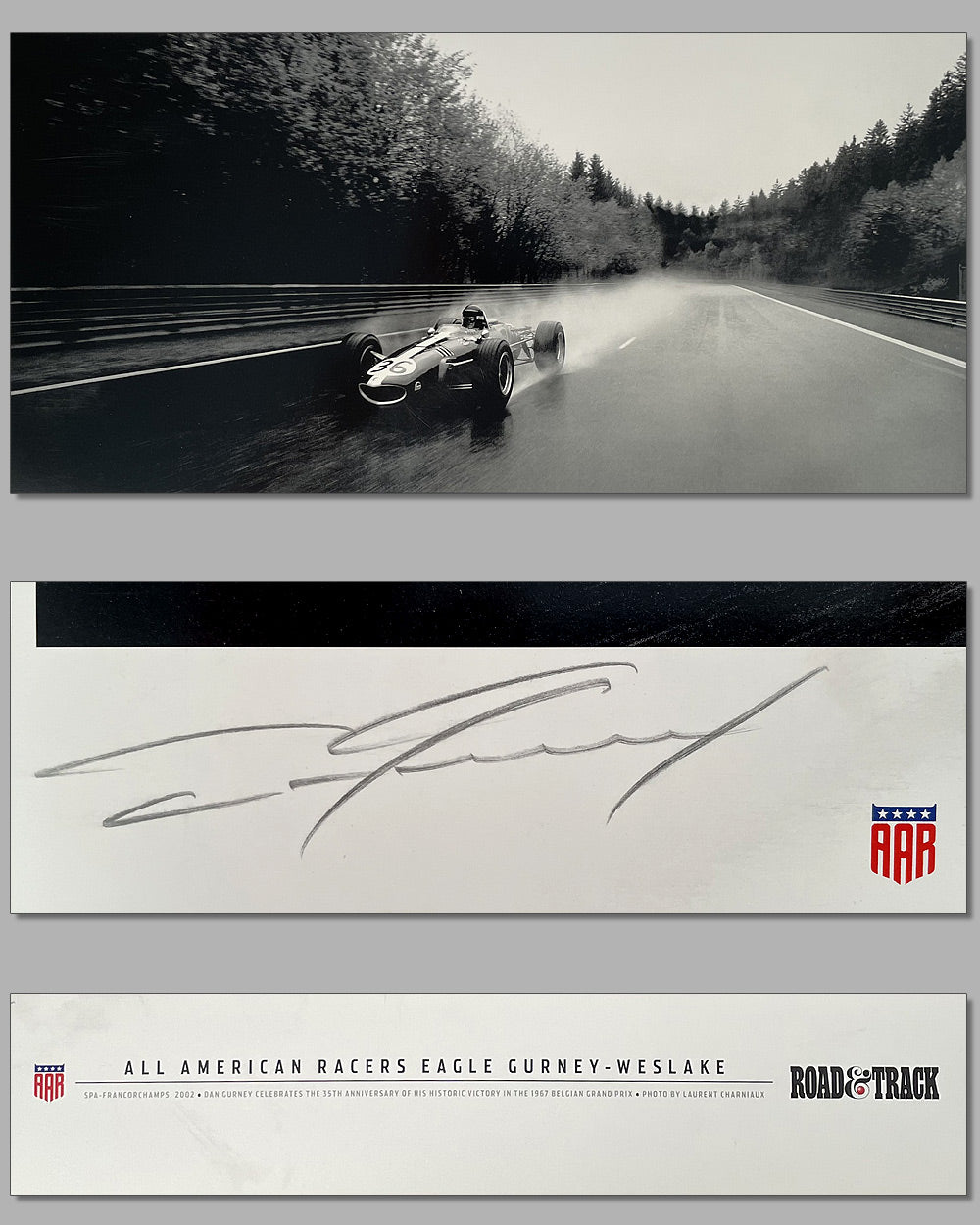 All American Racers Eagle Gurney Weslake b&w photo by Laurent Charniaux, autographed by Dan Gurney 2