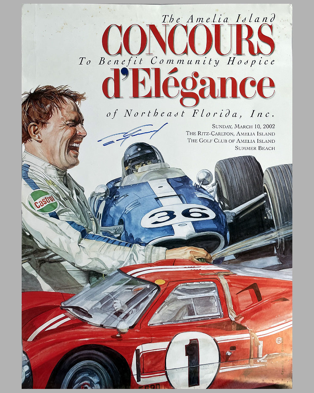 2002 Amelia Island Concours poster by Chuck Queener, autographed by Gurney