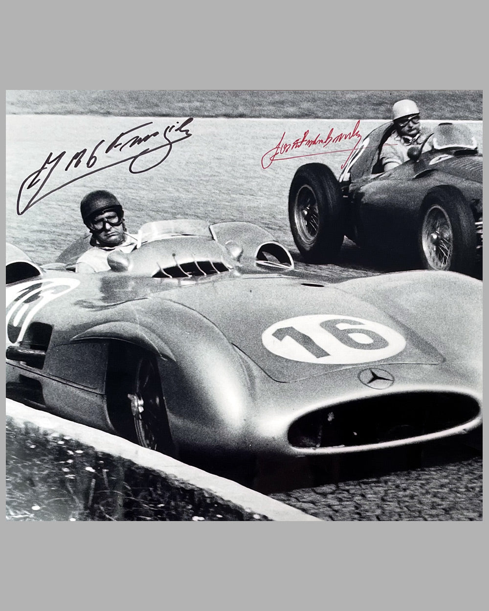 The Argentinian Battle b&w photograph by Fernando Gomez, autographed by Fangio and Gonzalez 2