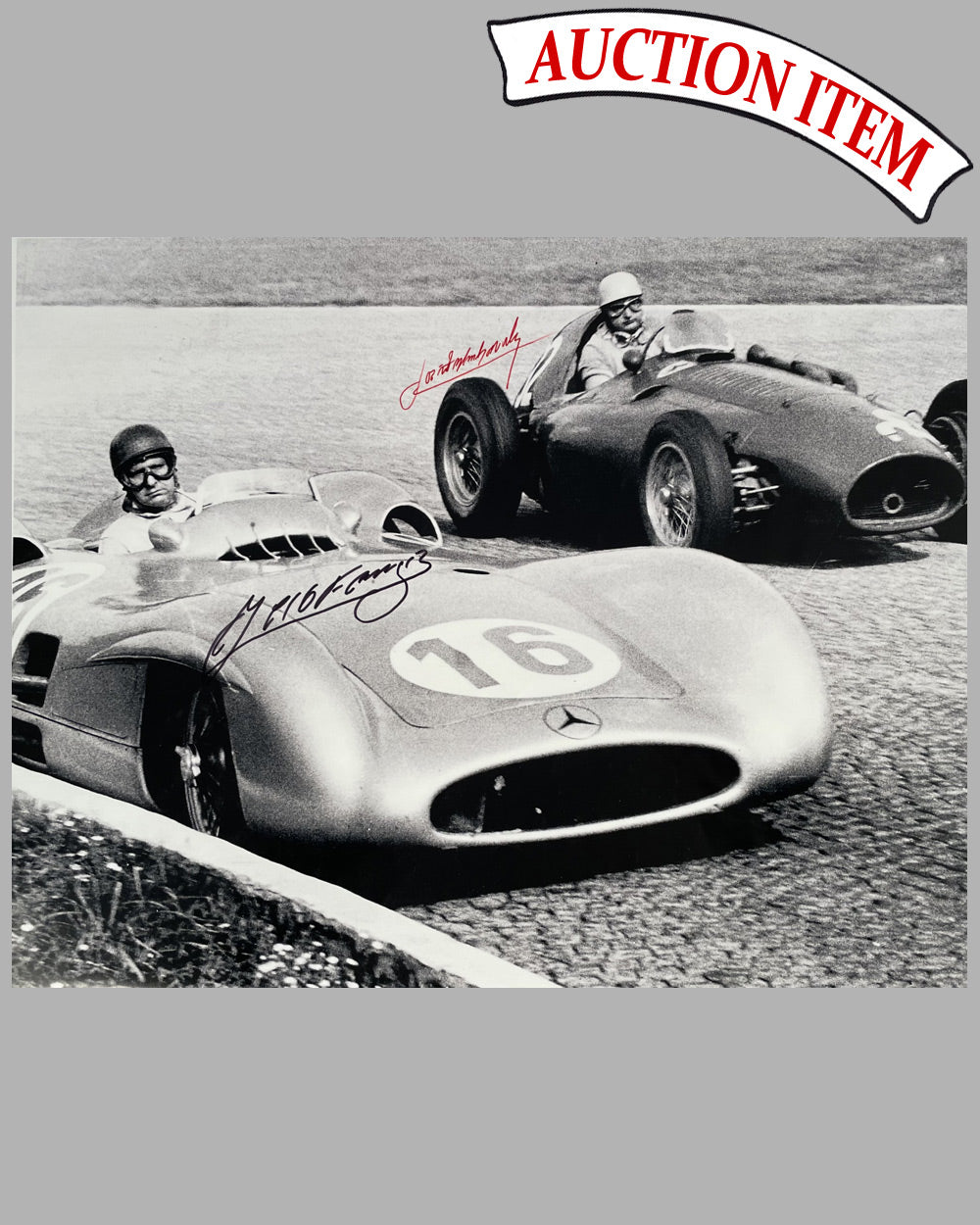 The Argentinean Battle b&amp;w photograph by Fernando Gomez, autographed by Fangio &amp; Gonzalez