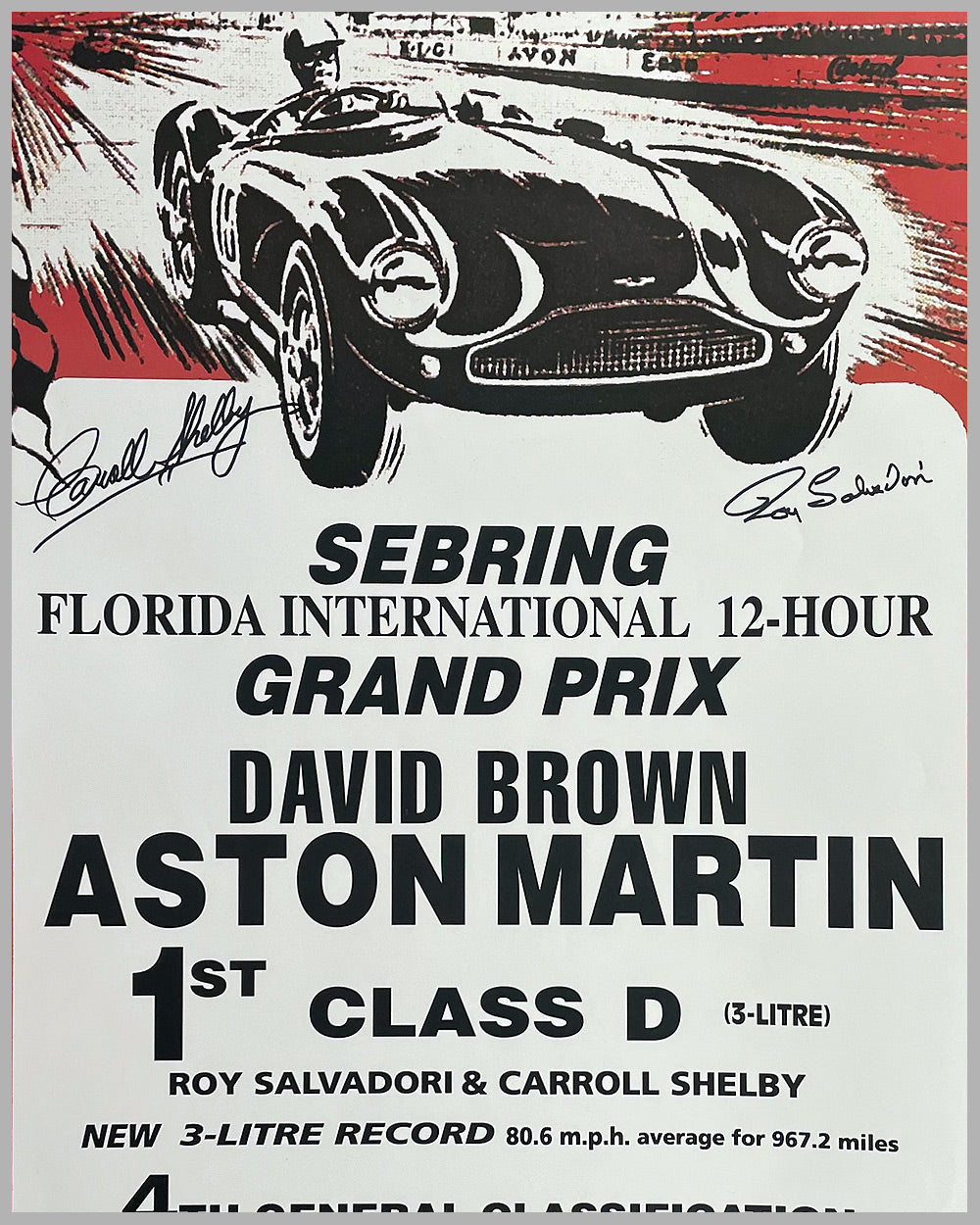Aston Martin factory poster, larger reproduction, 1980’s, autographed by Shelby and Salvadori 2