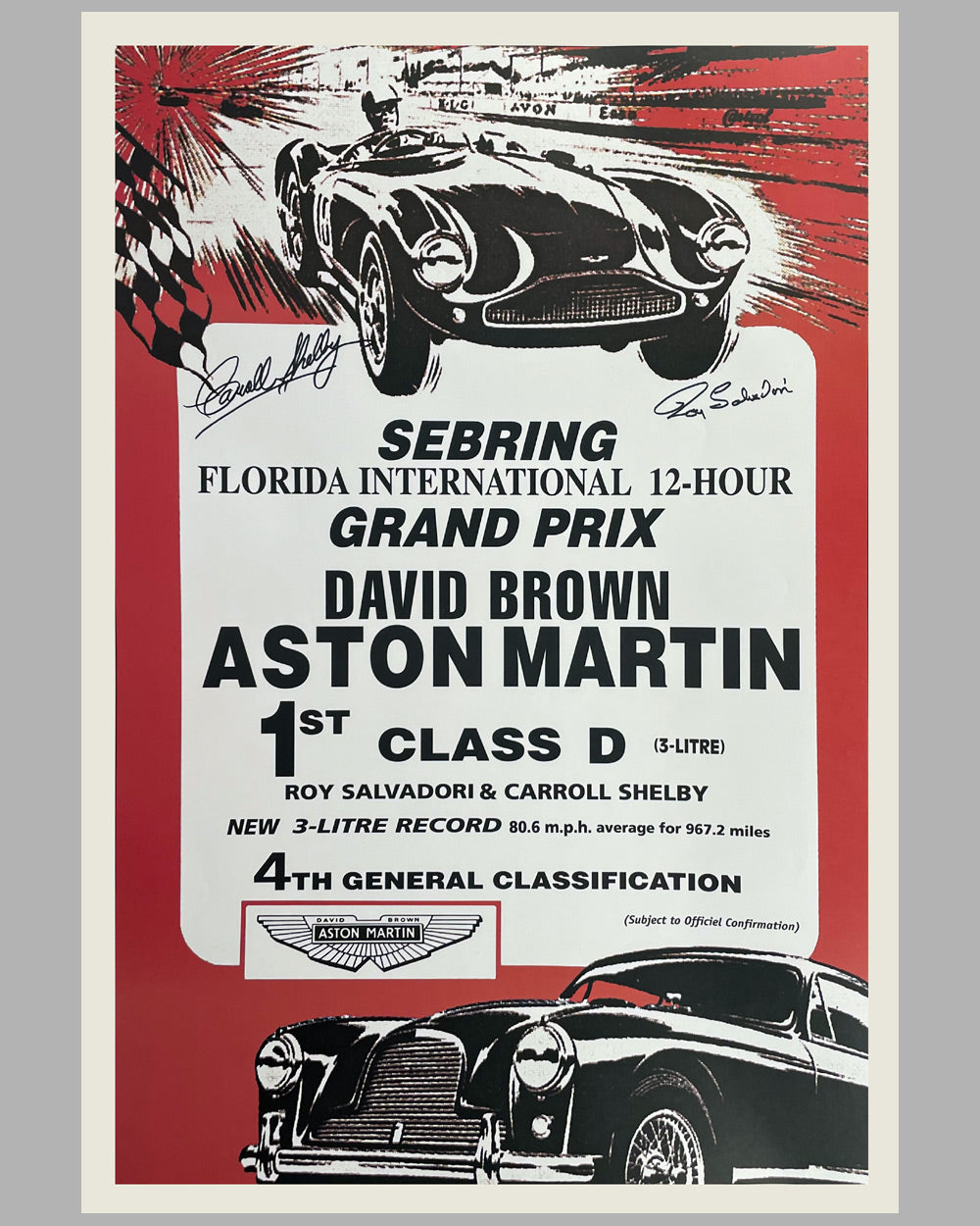 Aston Martin factory poster, larger reproduction, 1980’s, autographed by Shelby and Salvadori