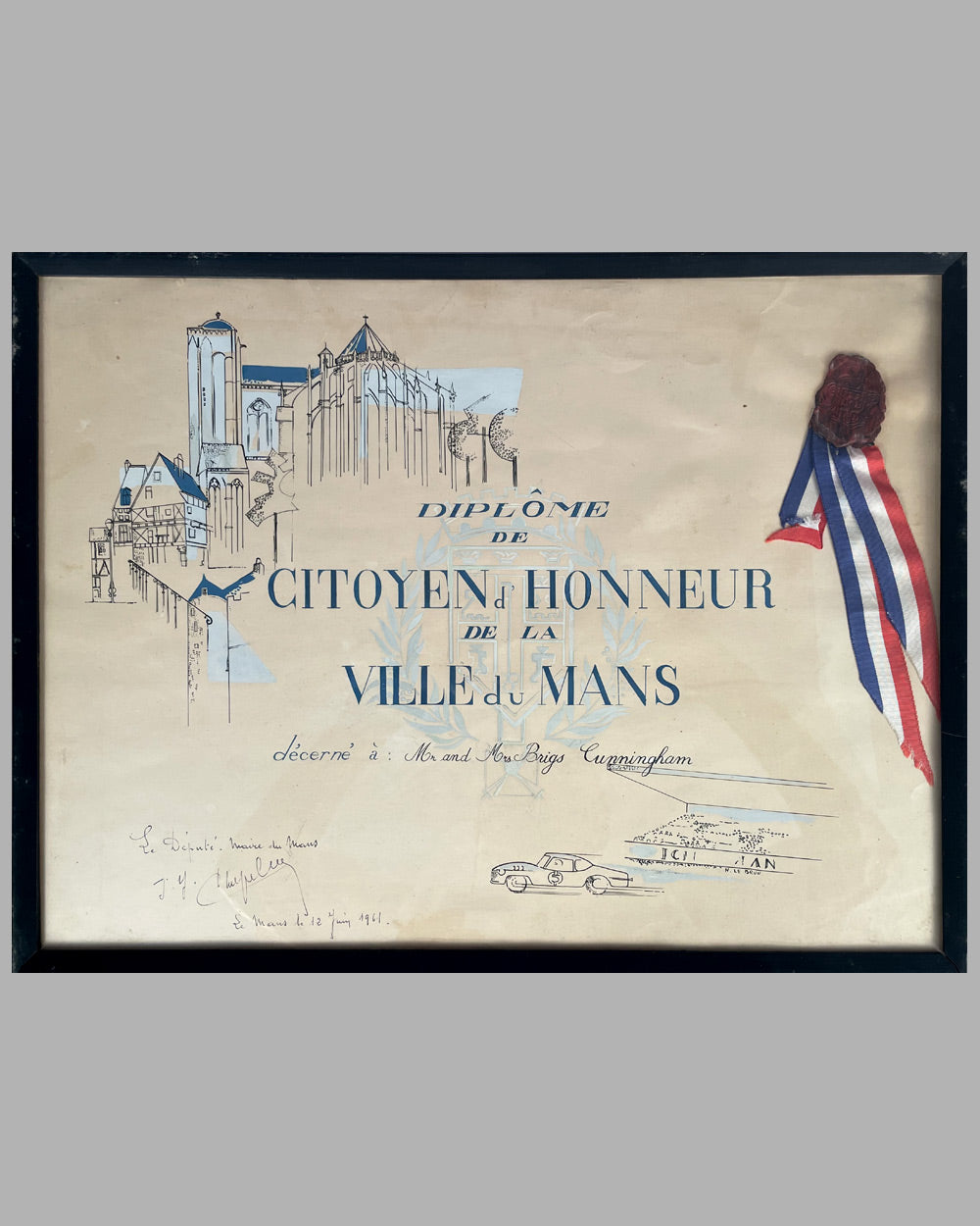 Diplome de Citoyen d’ Honneur de la Ville du Mans presented to Mr. & Mrs. Briggs Cunningham