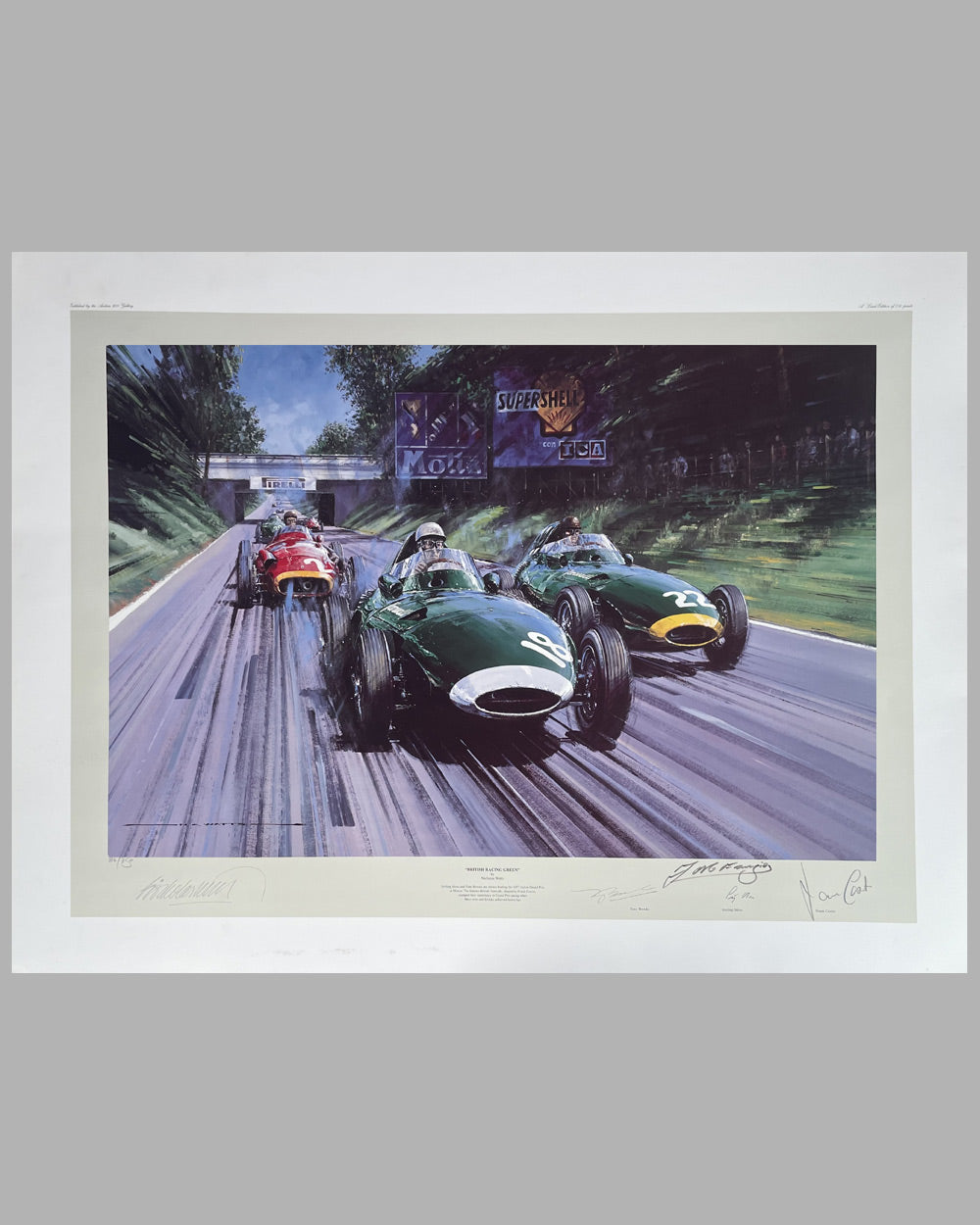 British racing green print by Nicholas Watts, autographed by Moss, Fangio, Brooks, &amp; Costin