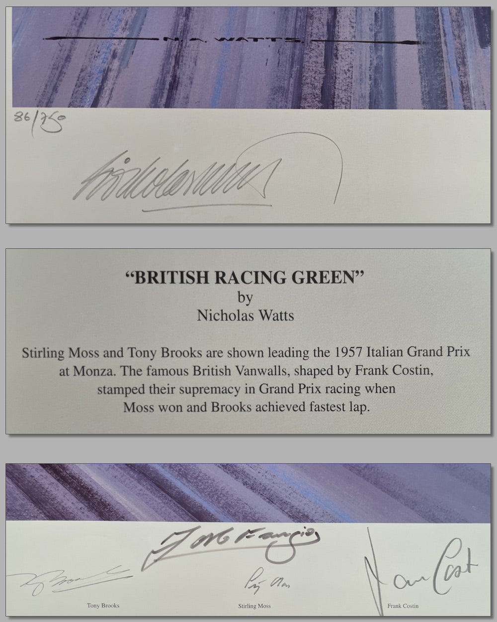 British racing green print by Nicholas Watts, autographed by Moss, Fangio, Brooks, & Costin 2