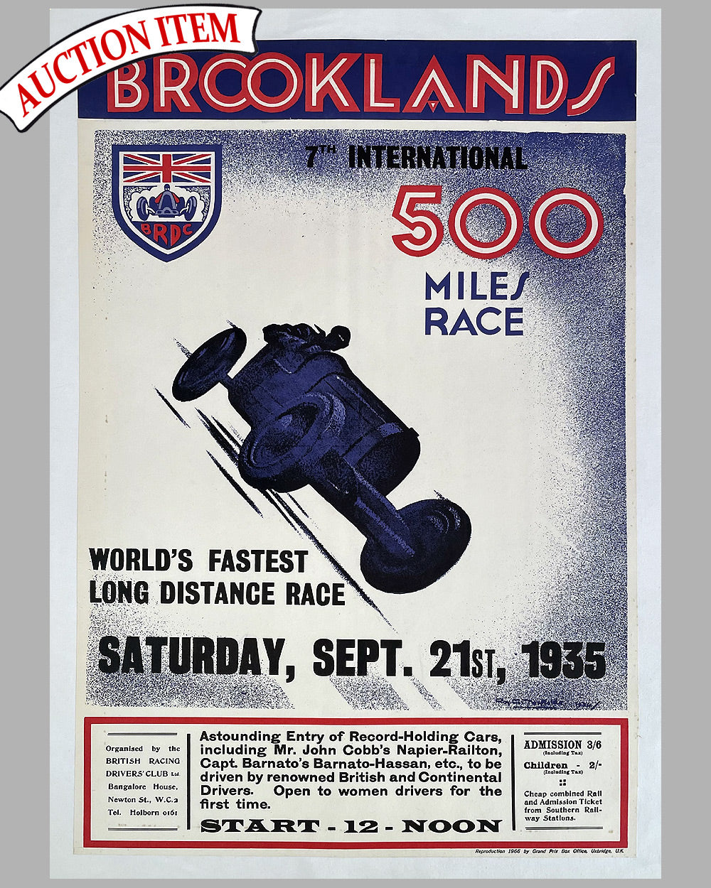 1935 Brooklands 500 official race poster by Roy Nockolds, reproduced in 1966 in the U.K.