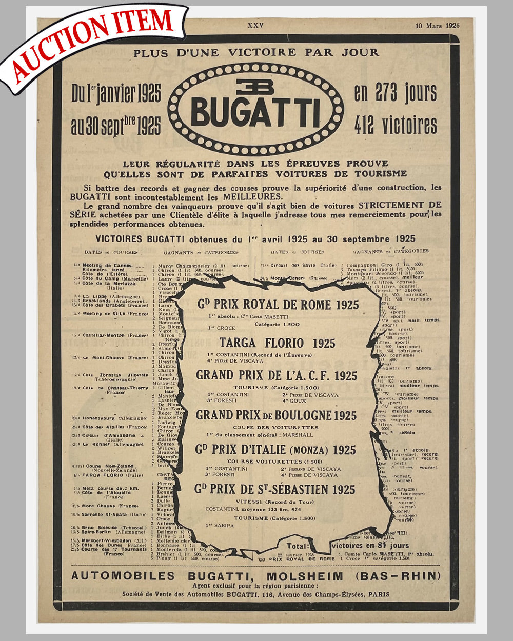 1926 Bugatti original advertisement that appeared in La Vie Automobile Magazine