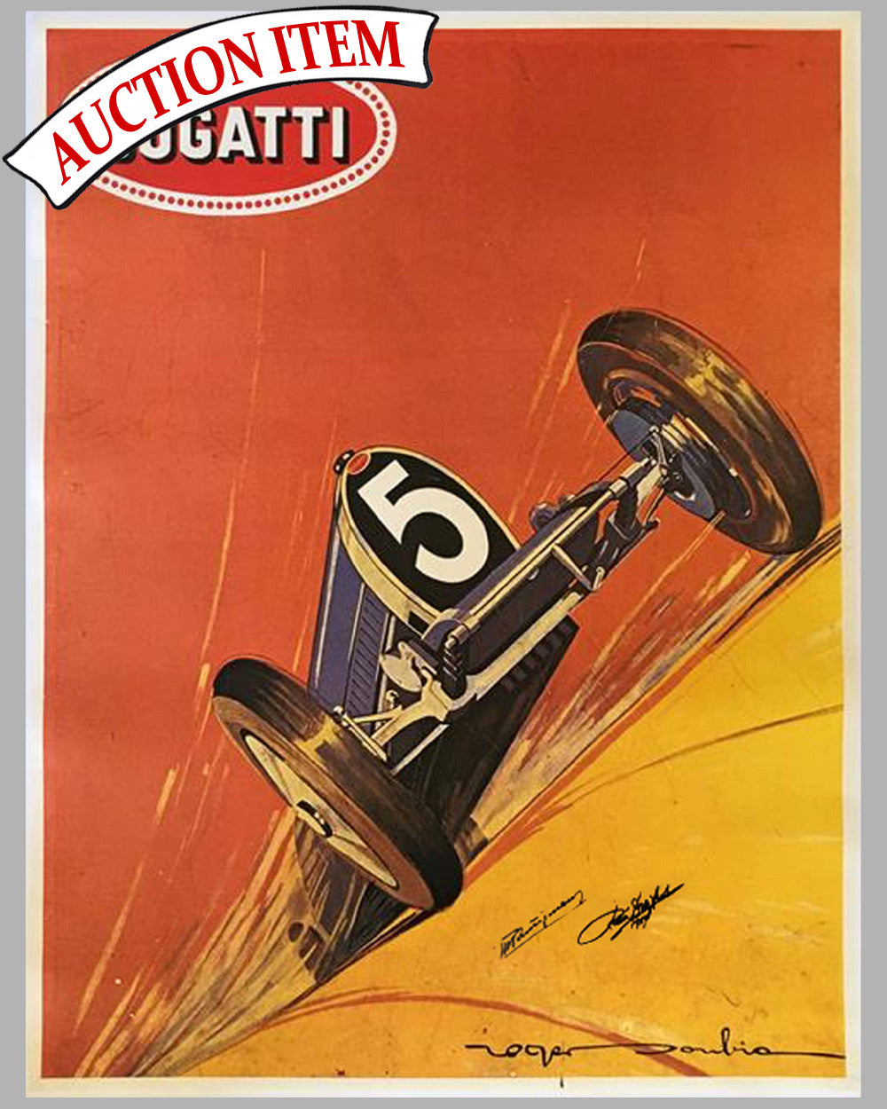 Bugatti advertising poster, mid 1920&#39;s by Roger Soubie, autographed by Dreyfus and Trintignant