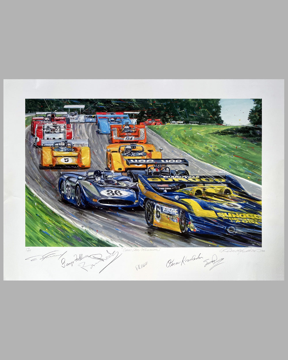 Can Am Reunion serigraph by Randy Owens, 2006, hand autographed by 6 drivers