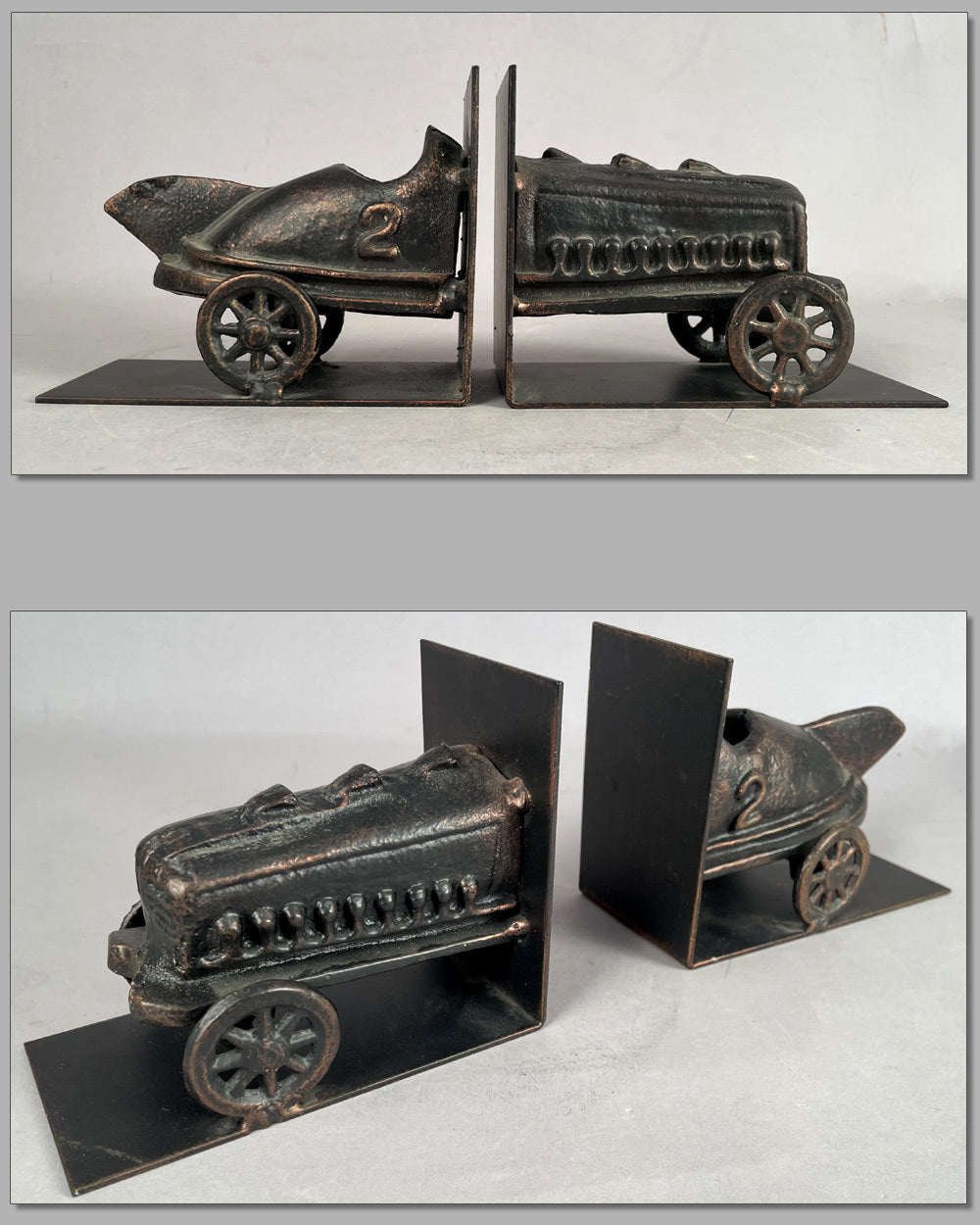 Pair of bronze book ends with primitive racing car motif 2