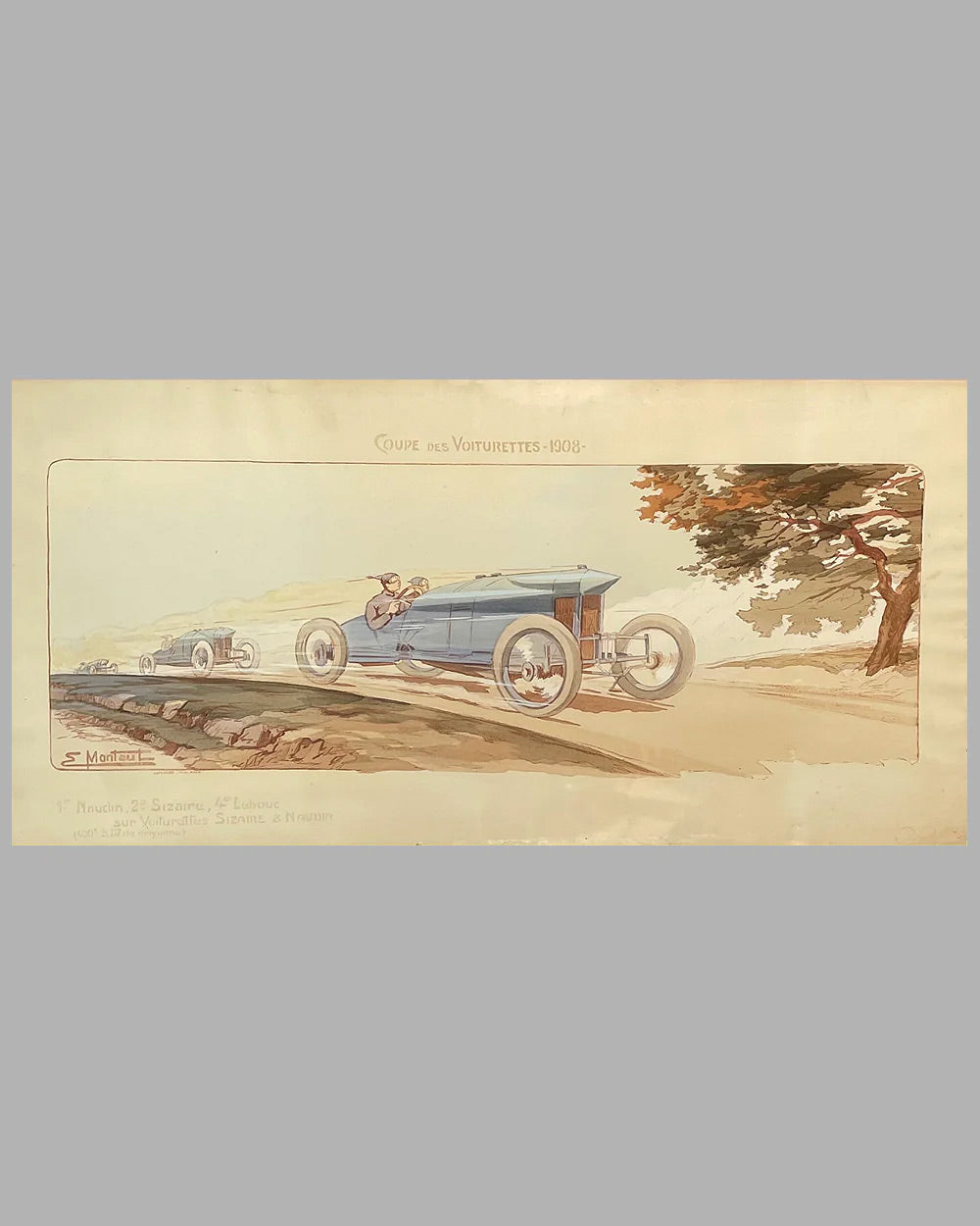 Coupe des Voiturettes - 1908, hand colored lithograph by Ernest Montaut