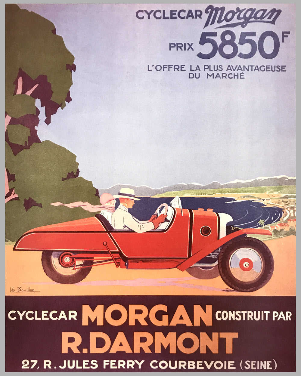 Cyclecar Morgan advertising poster by Leo Bouillon, France