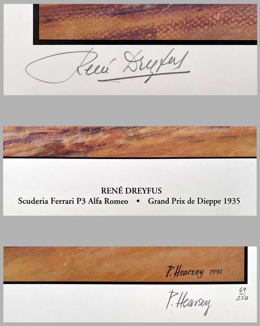 René Dreyfus at the Grand Prix of Dieppe in 1935 print by Peter Hearsey, 1991, autographed by Dreyfus 3