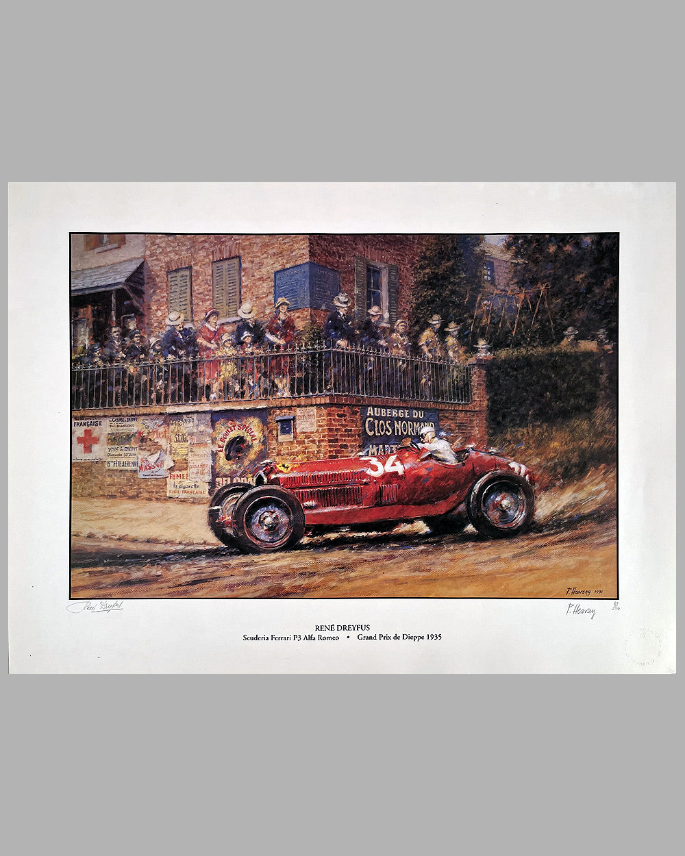 René Dreyfus at the Grand Prix of Dieppe in 1935 print by Peter Hearsey, 1991, autographed by Dreyfus