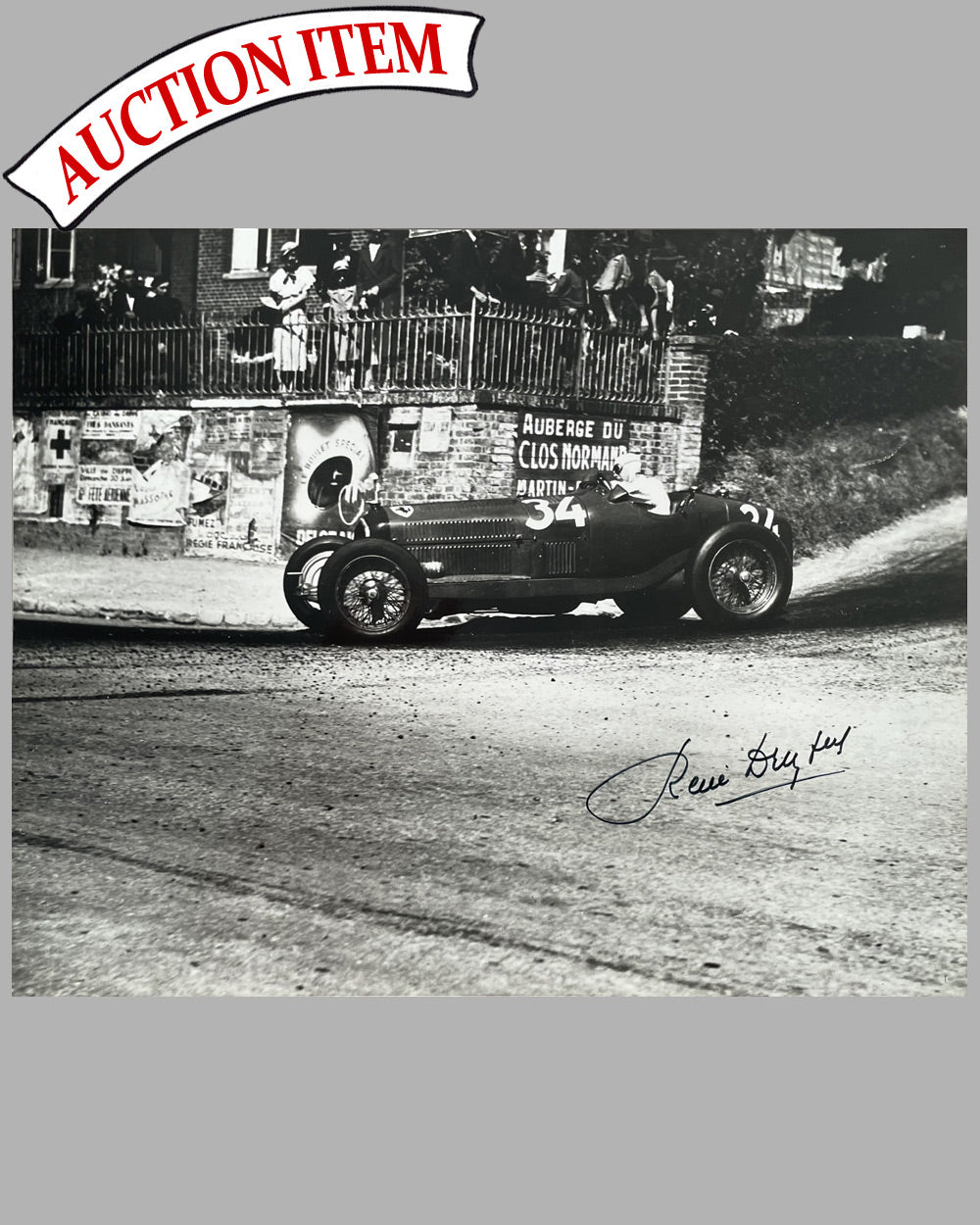 Grand Prix of Dieppe 1935 b&w photograph, hand autographed by Dreyfus