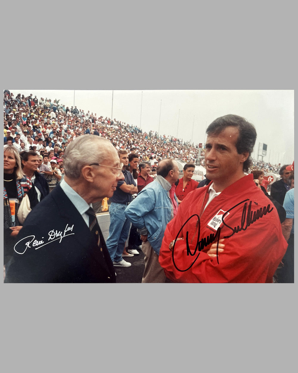 Renè Dreyfus and Danny Sullivan autographed color photograph by Jacques Grelley