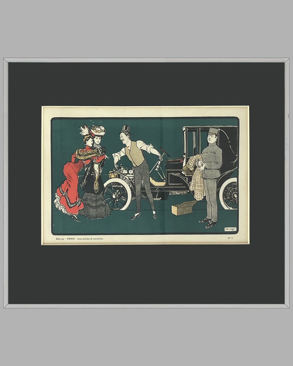 Early Automotive Scene color lithograph for Omnia Magazine, by Rene Vincent, France 1905