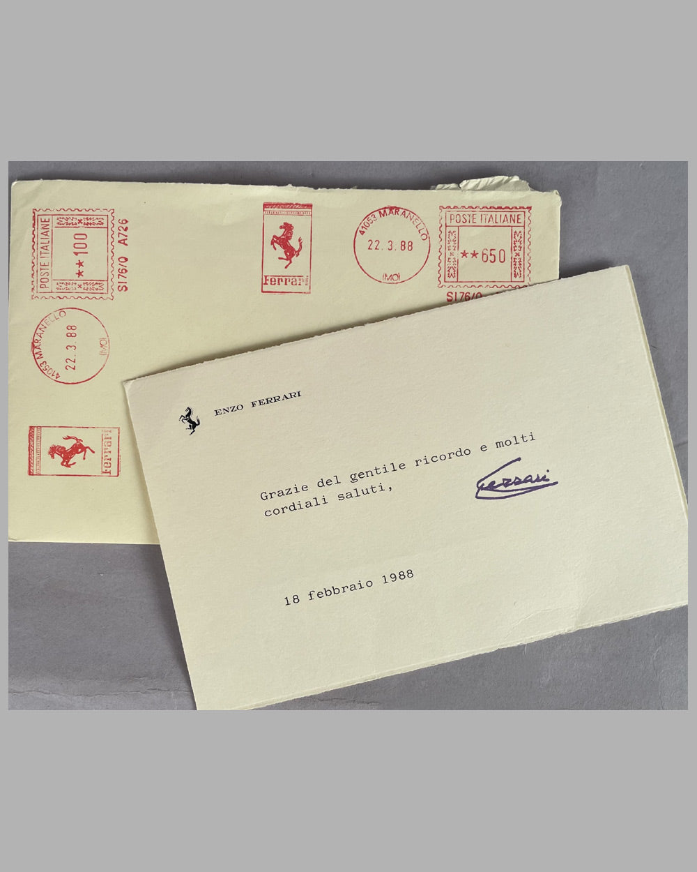 Enzo Ferrari card with envelope from 1988