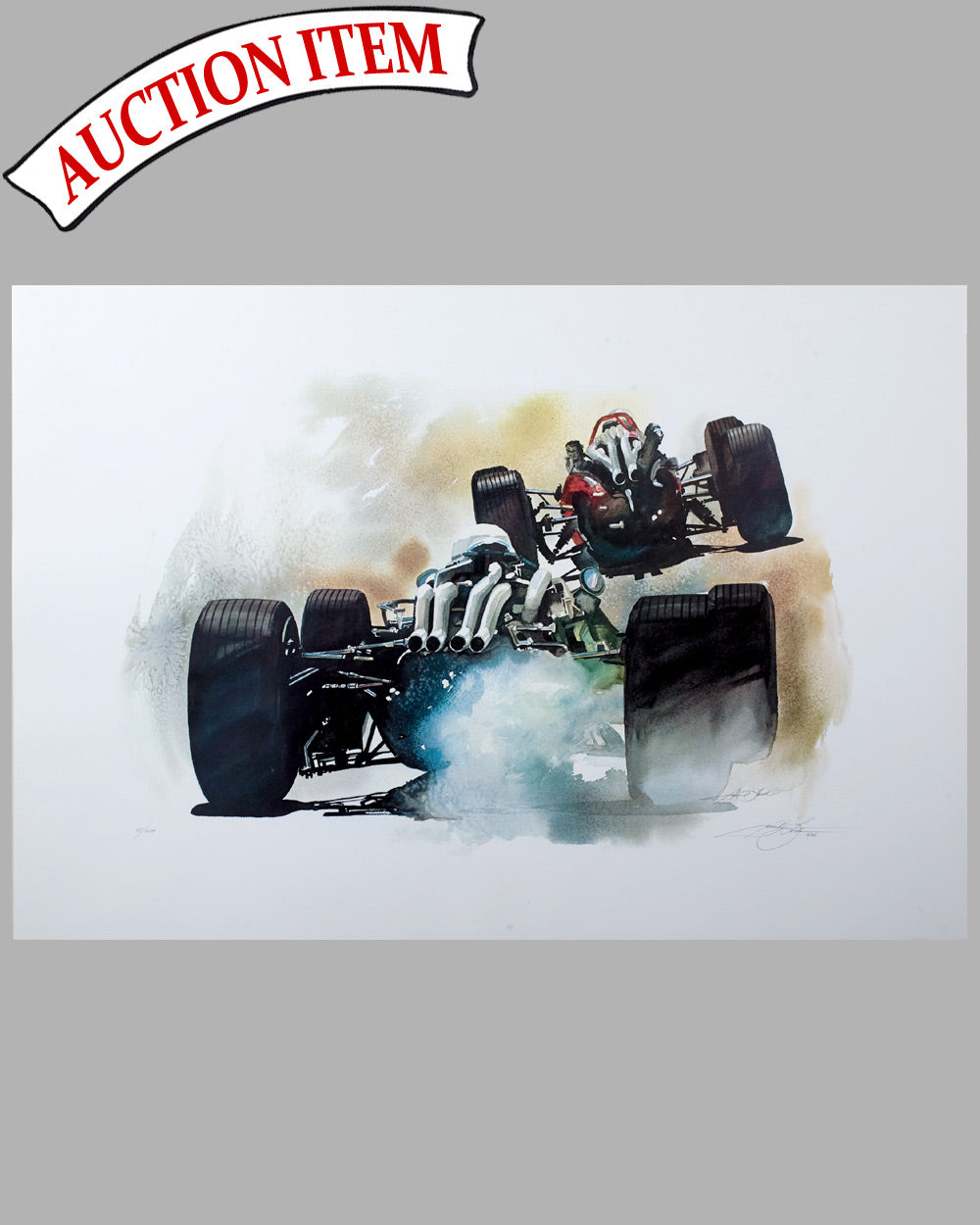Early 1960’s Formula 1 Scene color print, 1980’s, by David Lord, USA, signed ed. of 600