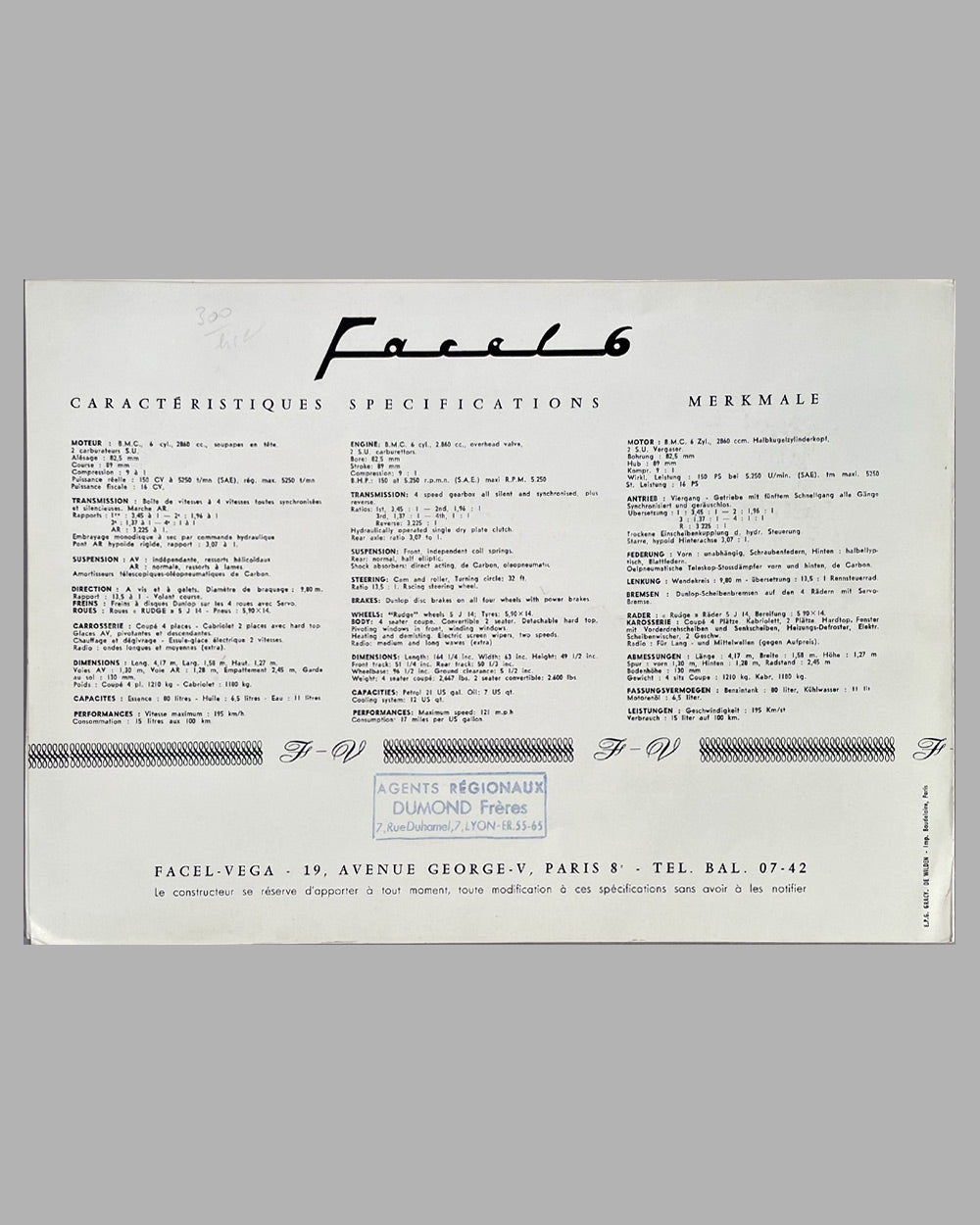 1964 Facel Vega 6 factory brochure for the Facel 6 3