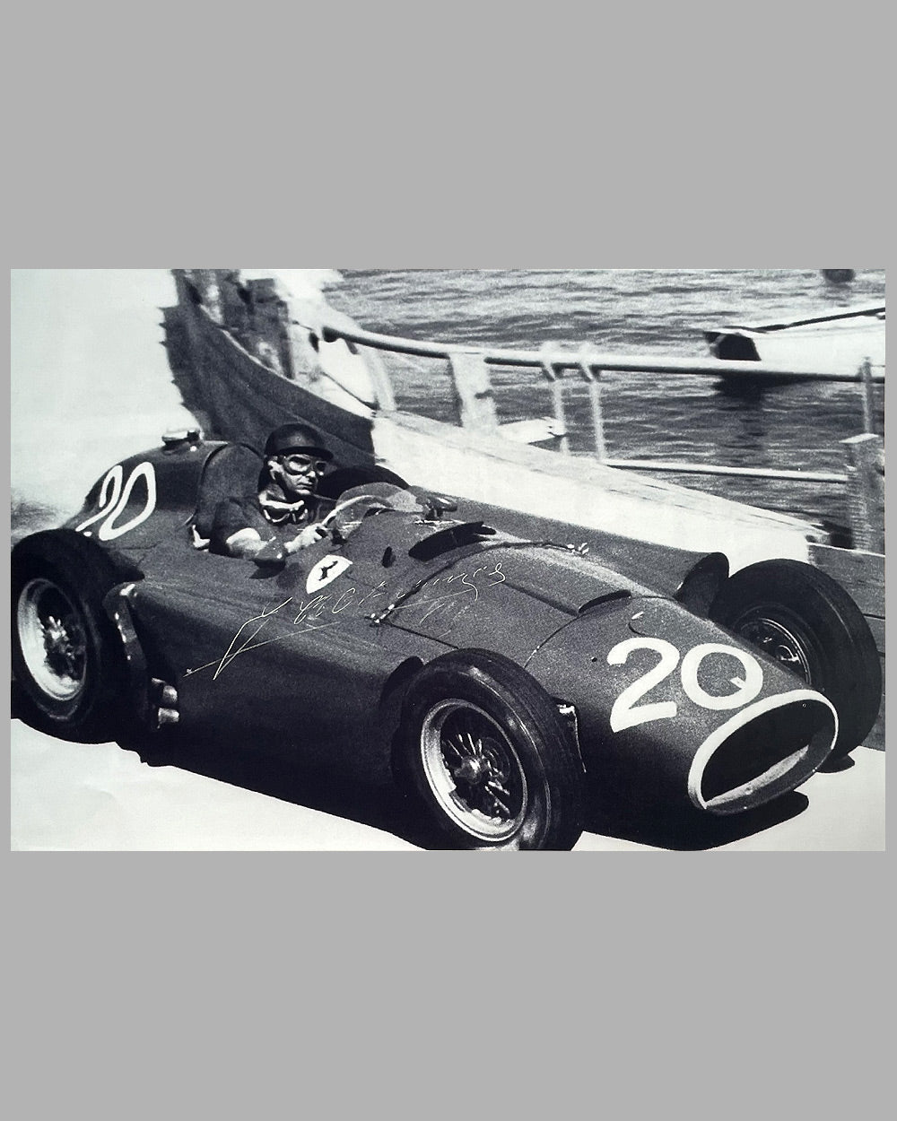 Juan Manuel Fangio at the Monaco Grand Prix in 1956 autographed b&amp;w photograph by Fernando Gomez