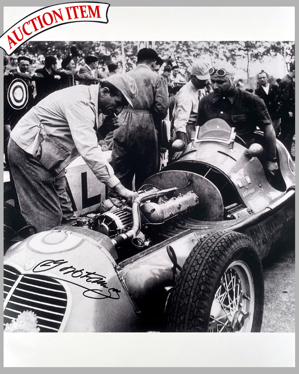 Fangio’s Maserati in the Pits b&amp;w photograph by Fernando Gomez, autographed by Fangio