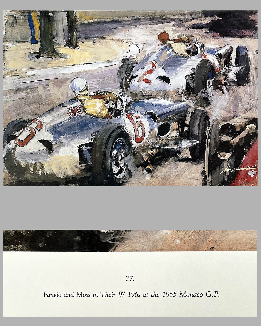 Artistic depiction of two Formula 1 cars on a track with a signature at the bottom.