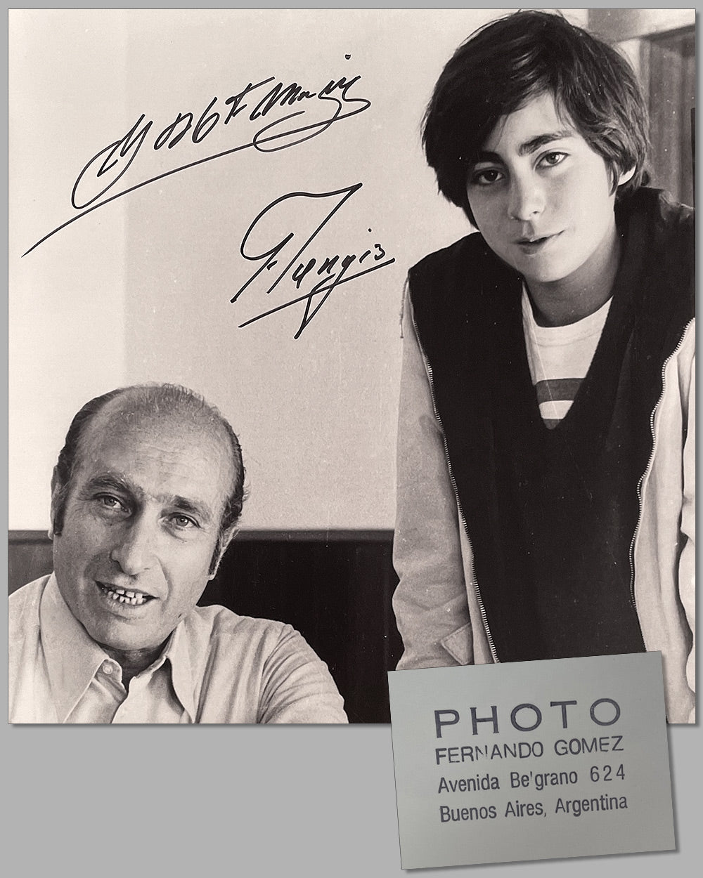 Juan Manuel Fangio with his nephew, Juan Manuel Fangio II b&amp;w photograph by Fernando Gomez, hand autographed by both 2