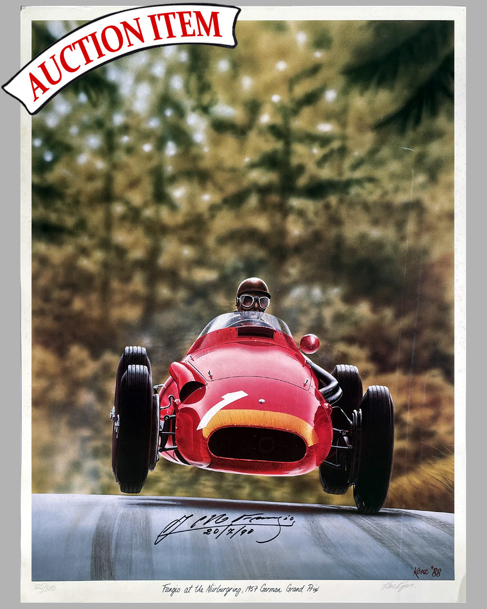 Juan Manuel Fangio at the Nurburgring 1957 German Grand Prix print by Kane Rogers, 1988, autographed by Fangio