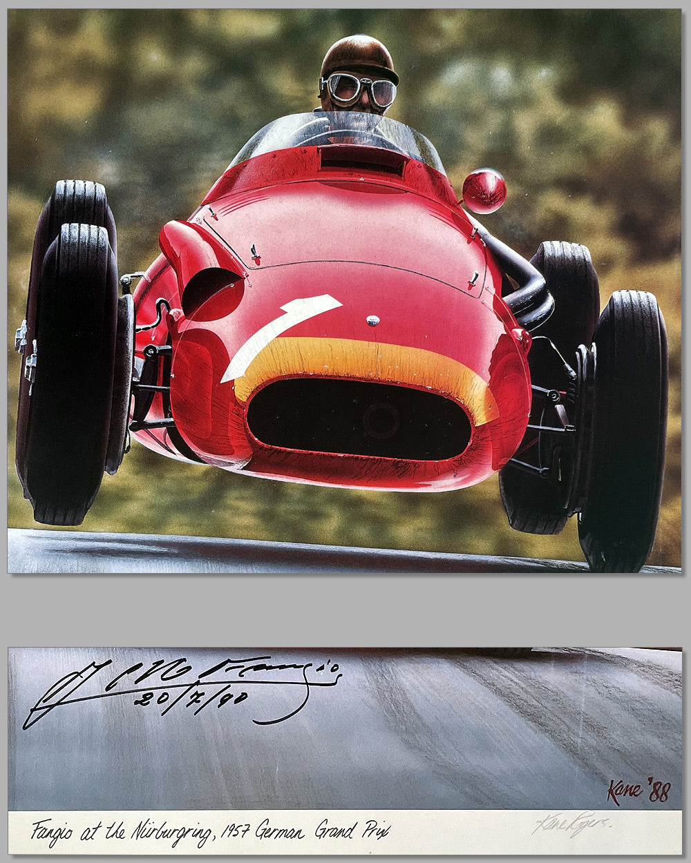 Juan Manuel Fangio at the Nurburgring 1957 German Grand Prix print by Kane Rogers, 1988, autographed by Fangio 2