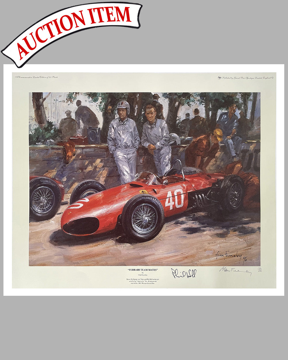 Ferrari teammates print by Alan Fearnley, hand autographed by Phil Hill