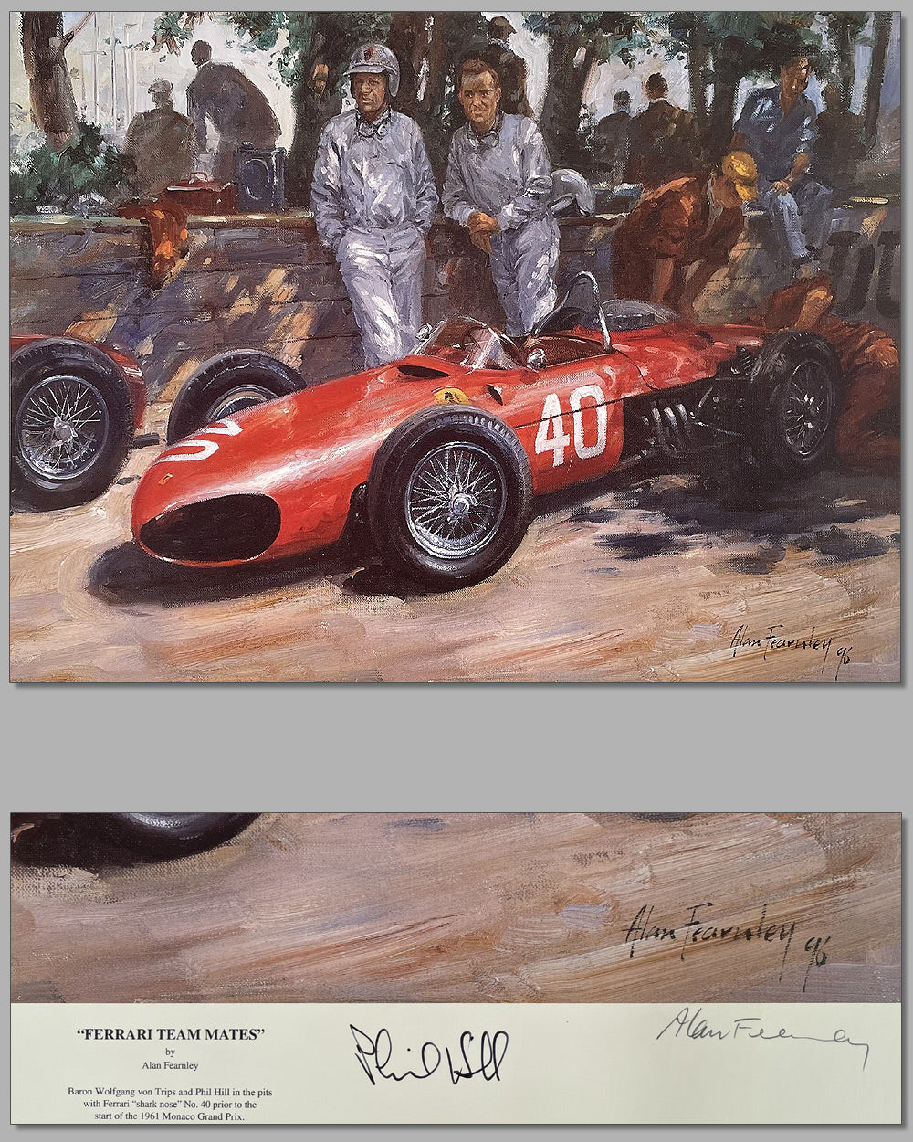 Ferrari teammates print by Alan Fearnley, hand autographed by Phil Hill 2