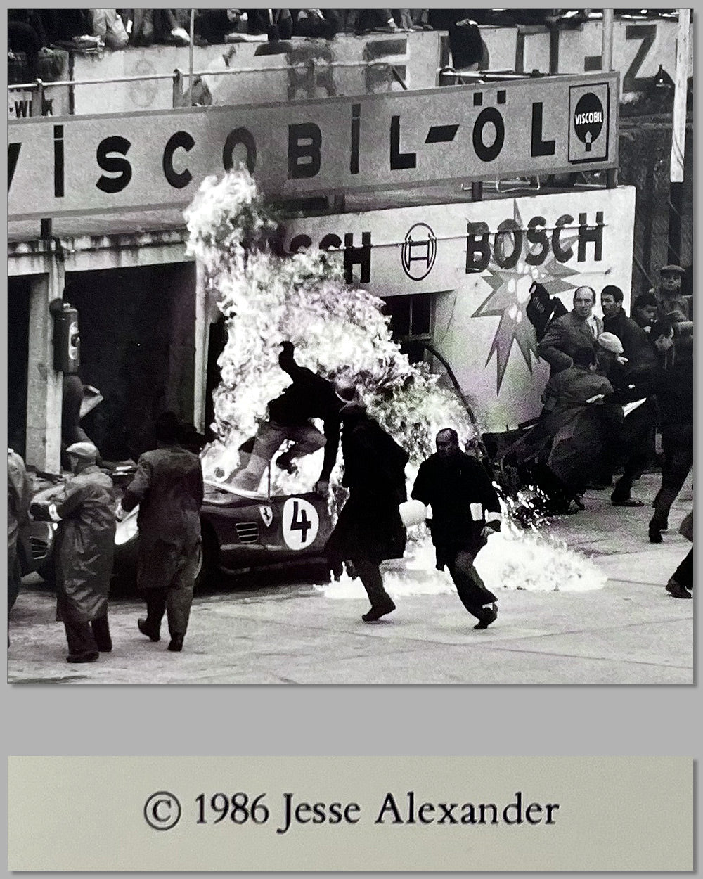 Fire in the Ferrari pit b&amp;w photograph by Jesse Alexander 2
