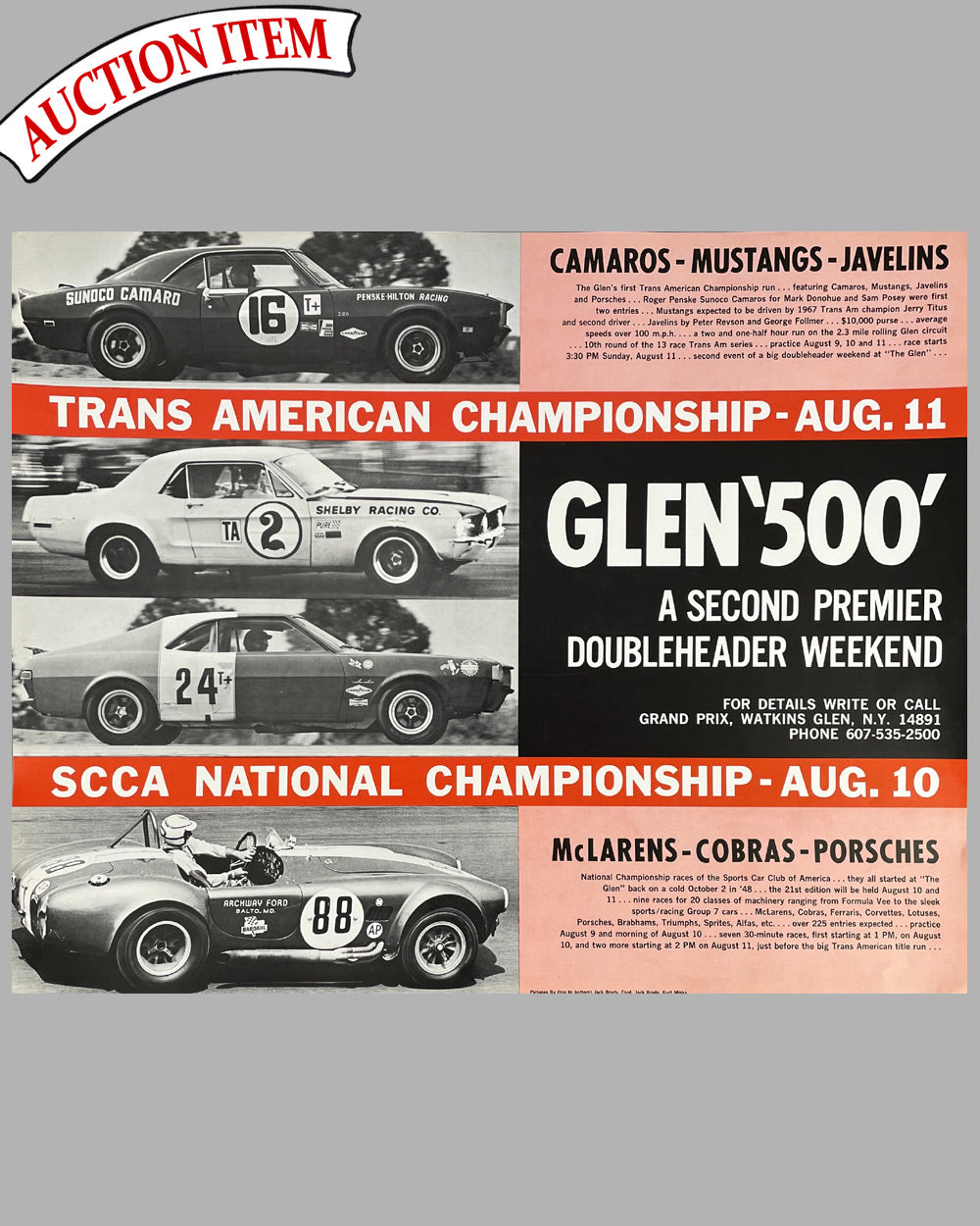 Glen 500 1968 original poster for the Trans Am Championship &amp; SCCA National Championship