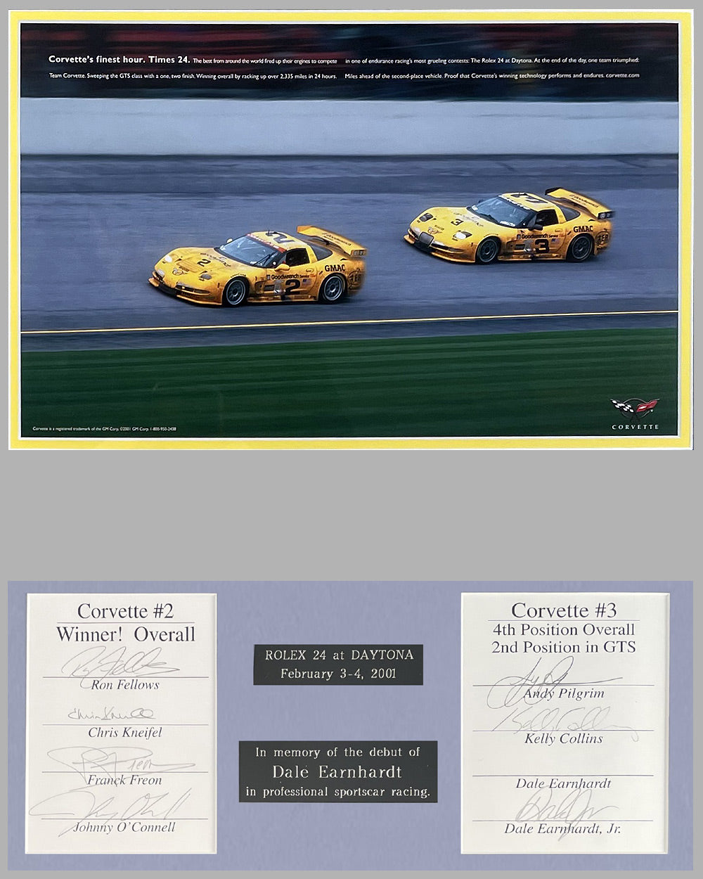 General Motors ad copy for the Corvette victory at the Rolex 24 at Daytona 2001, hand autographed by the drivers 2