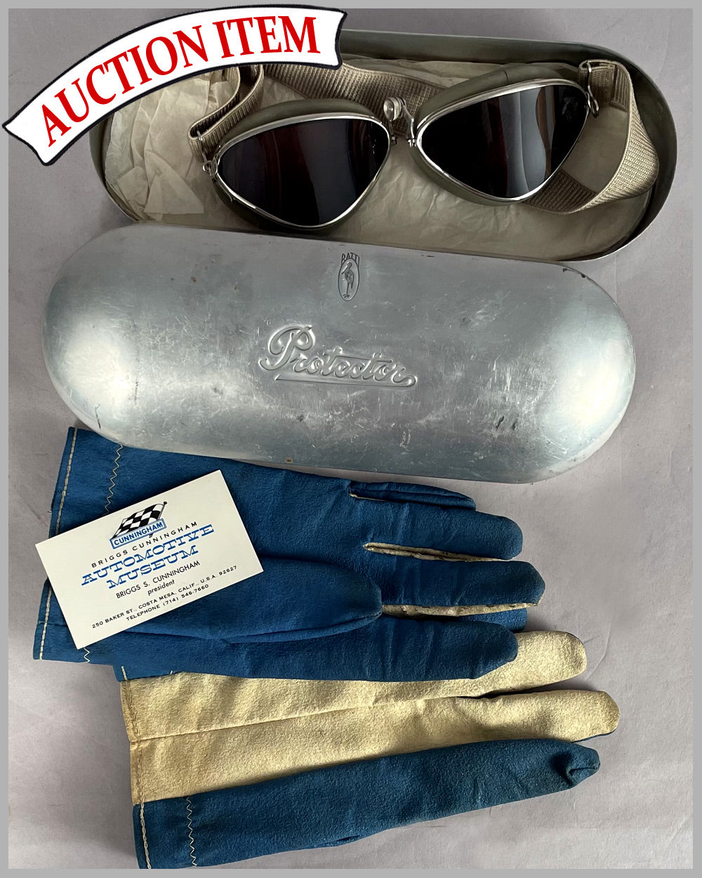 Vintage driving goggles by La Cicogna, Italy and pair of driving gloves