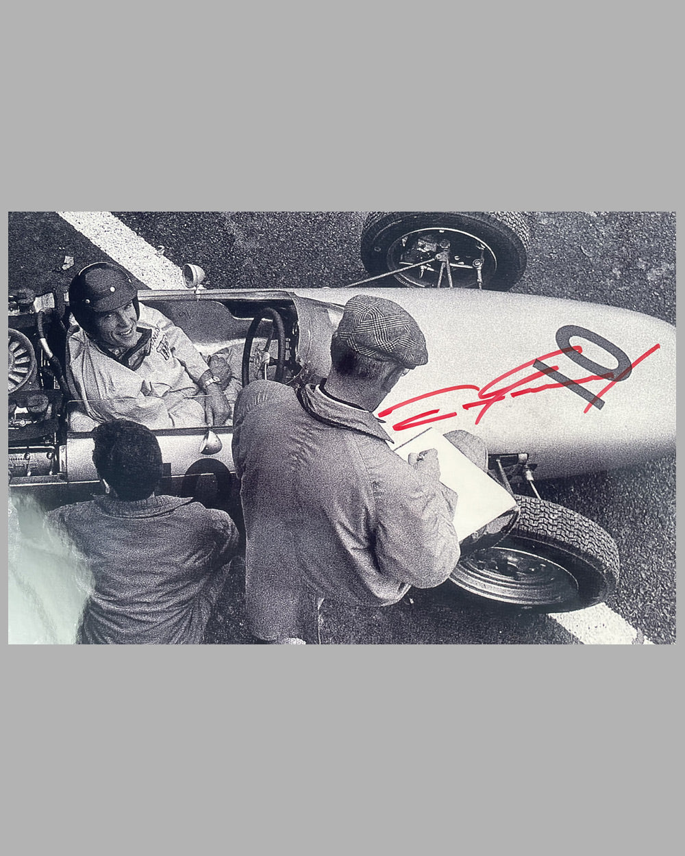 Dan Gurney in his Porsche Formula 1 car in Rouen in 1962 b&amp;w photograph, autographed by Gurney 2