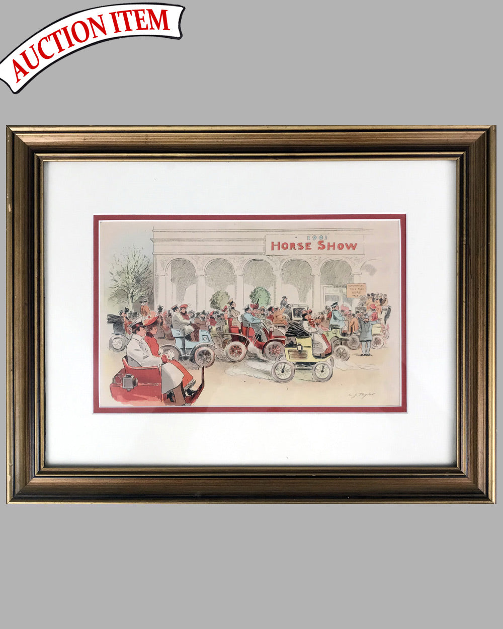 Horseless Carriages Arrive at the Horse Show 1901 period lithograph by Charles Jay Taylor, USA
