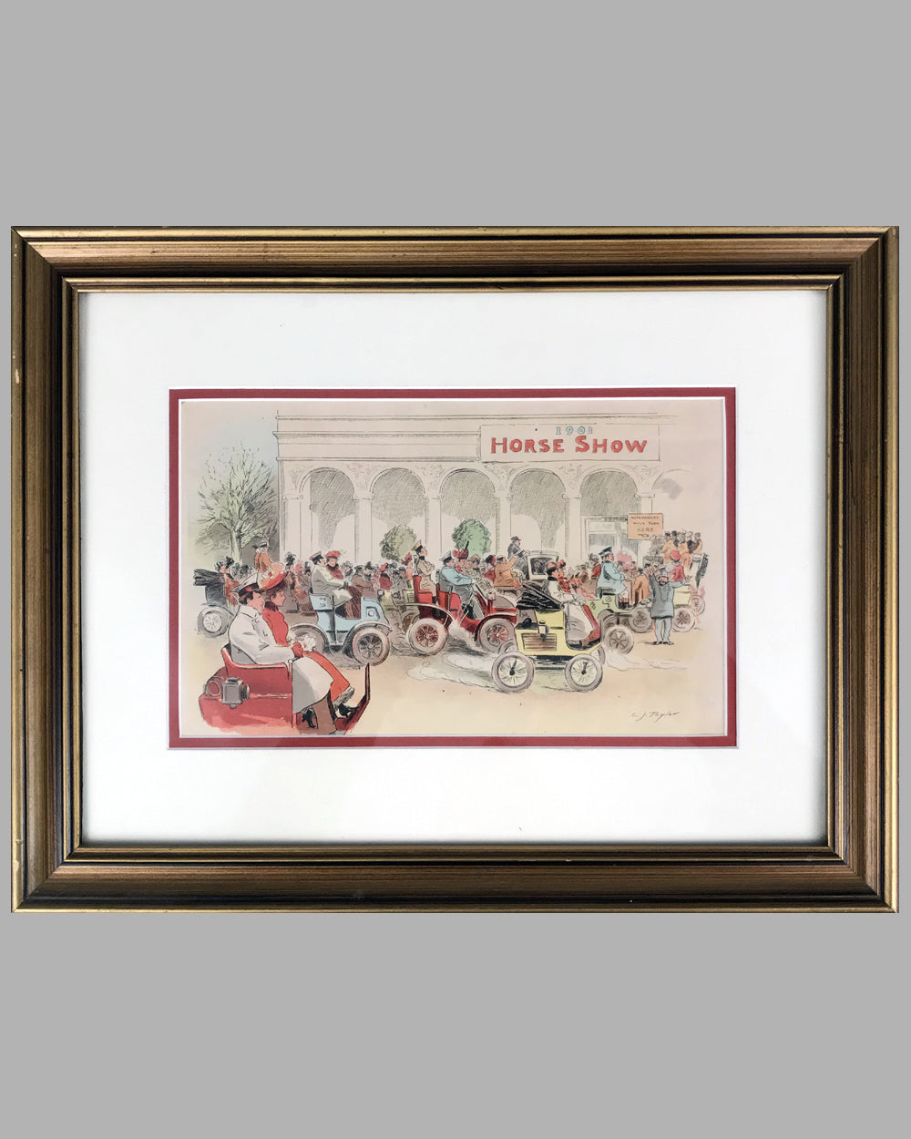 Horseless Carriages Arrive at the Horse Show 1901 period lithograph by Charles Jay Taylor, USA