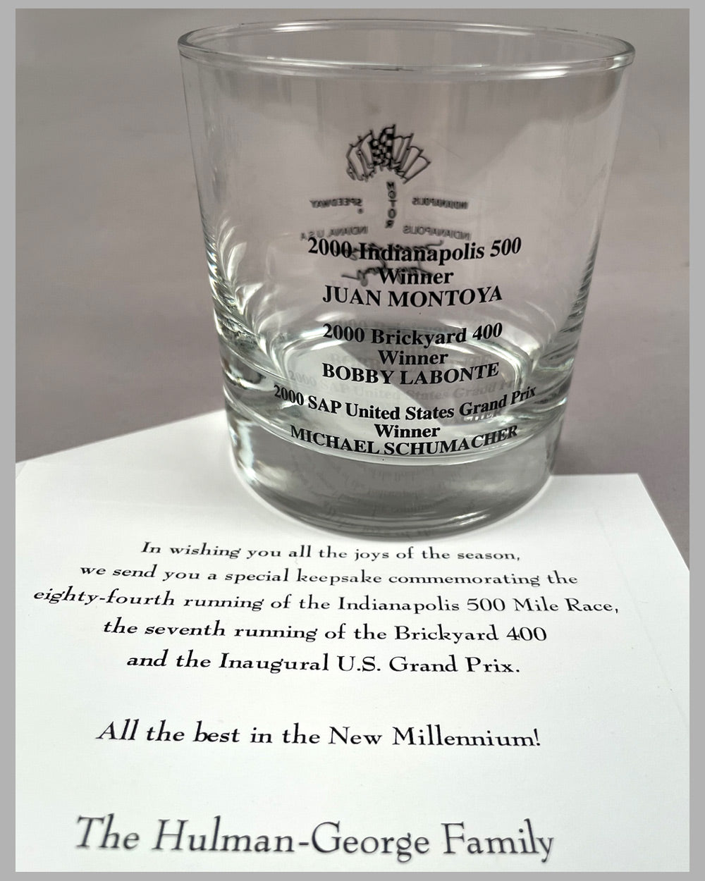 Set of Indianapolis Motor Speedway (IMS) whiskey glasses and decanter celebrating 3 wins in 2000 3